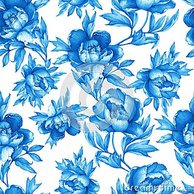 Vintage floral seamless blue monochrome pattern with flowering peonies, on white background. Watercolor hand drawn painting illust Cartoon Illustration
