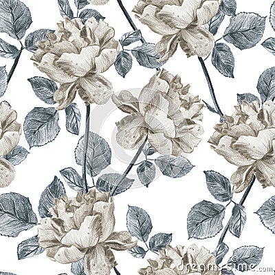 Vintage floral seamless pattern with hand drawn garden roses. Elegant grey and sepia tones design with leaves and Stock Photo