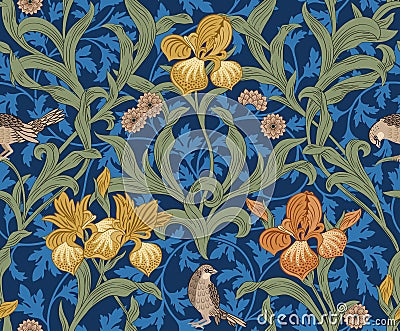 Vintage floral seamless pattern with orange iris and birds on blue background. Vector illustration. Vector Illustration