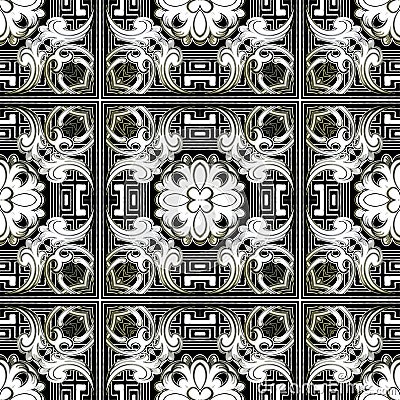 Vintage floral vector seamless pattern. Greek ornamental labyrinth maze background. Plaid repeat grid backdrop. Vintage Vector Illustration
