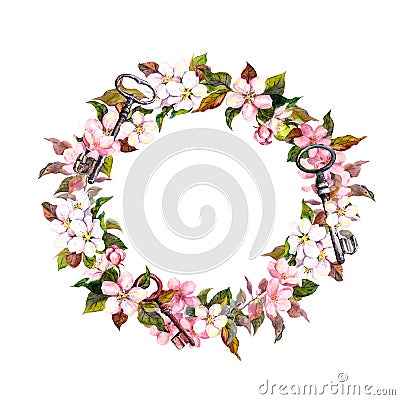 Vintage floral wreath with spring flowers, feathers, keys. Watercolor round border Stock Photo