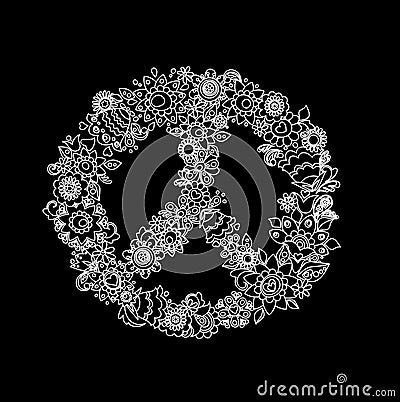 Vintage flower peace symbol (black and white) Vector Illustration