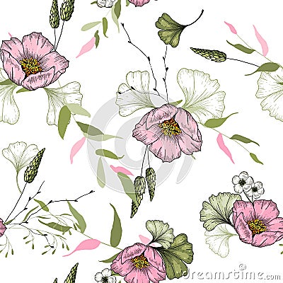 Vintage flowering background. Hand-sketched wallpaper. Vector illustration. Trendy floral pattern with pink wild flowers. Seamless Vector Illustration