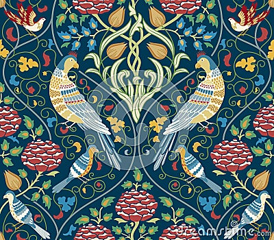 Vintage flowers and birds seamless pattern on dark blue background. Color vector illustration. Vector Illustration