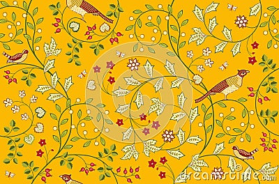 Vintage seamless fabric pattern with flowers and birds on orange background. Middle ages William Morris style. Vector Vector Illustration