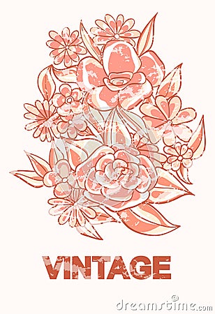 Vintage flowers in sepia with abrasions Vector Illustration