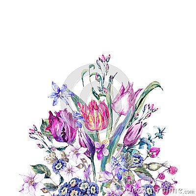 Vintage Flowers Watercolor Bouquet, Purple Tulips Cartoon Illustration