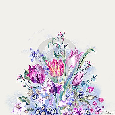 Vintage Flowers Watercolor Bouquet, Purple Tulips Cartoon Illustration