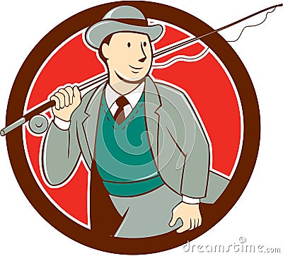 Vintage Fly Fisherman Bowler Hat Cartoon Stock Photo