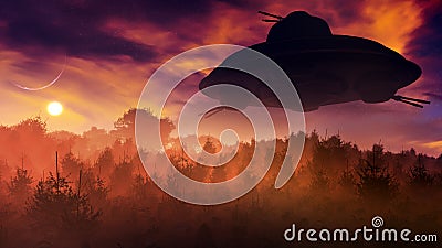 Vintage Flying Saucer Over Sunset Forest Cartoon Illustration