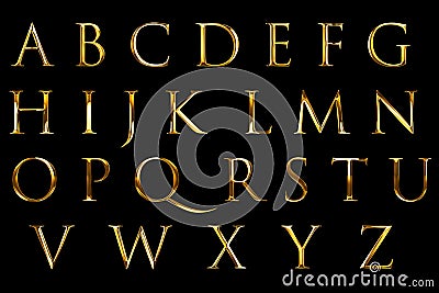 Vintage font yellow gold metallic alphabet letters word text series symbol sign on black background, concept of golden luxury alph Stock Photo