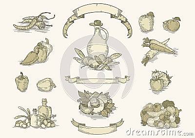 Vintage food ingredient's set Cartoon Illustration