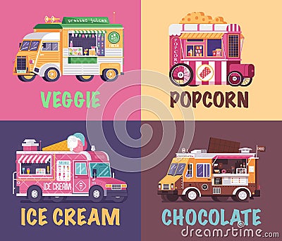 Vintage Food Vans and Trucks Posters Vector Illustration