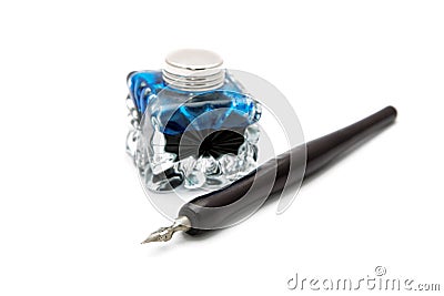 Vintage fountain pen and inkwell isolated Stock Photo