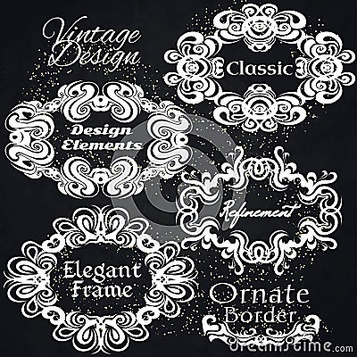 Vintage Frame Set On Black Retro Background. Vector Illustration