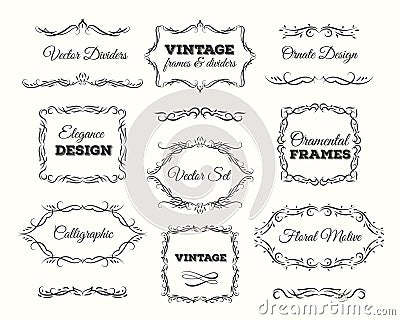 Vintage frame set. Ornate frames and scroll elements. Calligraphic Page Dividers. Vector Illustration