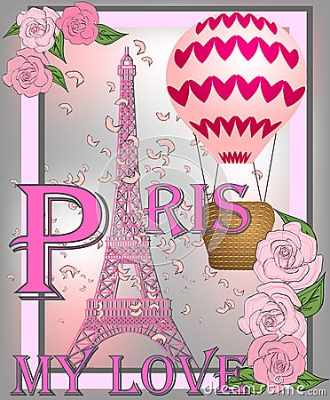 Vintage France poster design. romantic background with Eiffel tower and roses Stock Photo