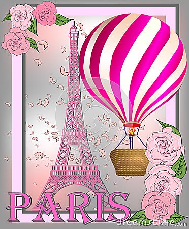 Vintage France poster design. romantic background with Eiffel tower and roses Stock Photo