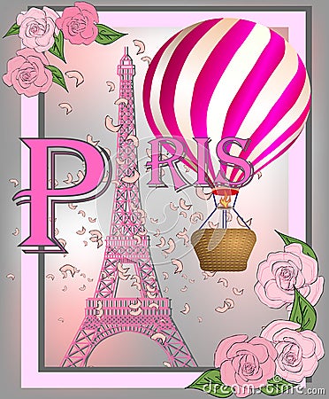 Vintage France poster design. romantic background with Eiffel tower and roses Stock Photo