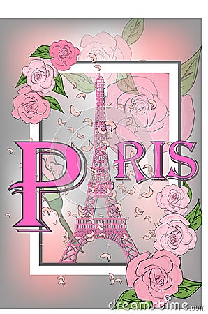 Vintage France poster design. romantic background with Eiffel tower and roses Stock Photo