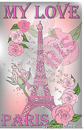 Vintage France poster design. romantic background with Eiffel tower and roses Stock Photo