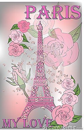 Vintage France poster design. romantic background with Eiffel tower and roses Stock Photo