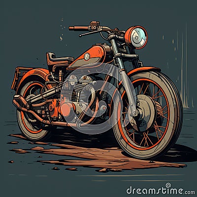 Vintage Freedom: Red Motorcycle on Blue Background Cartoon Illustration