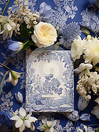 Vintage French Floral Toile Blue card Stock Photo
