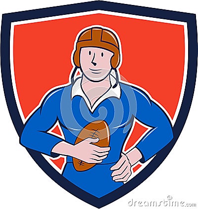 Vintage French Rugby Player Holding Ball Crest Cartoon Stock Photo