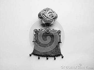 Vintage french sterling silver purse engraved with powder compact Stock Photo