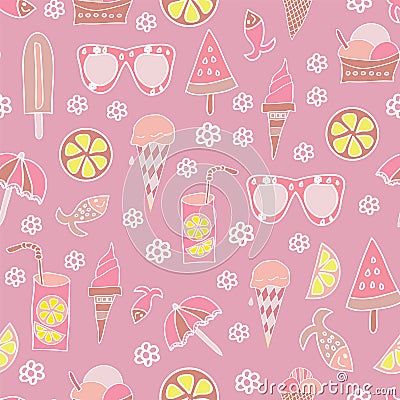 Vintage fresh hand drawn summer articles like ice creams, lemons, sunglasses, fish, lemonade vector repeating pattern on pink Stock Photo