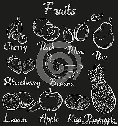 Vintage fruits. Hand-drawn chalk blackboard sketch organic fruit collection. Vector Illustration