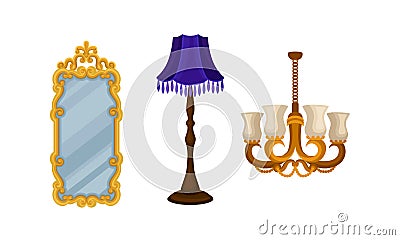 Vintage Furniture with Mirror and Chandelier Vector Set Vector Illustration
