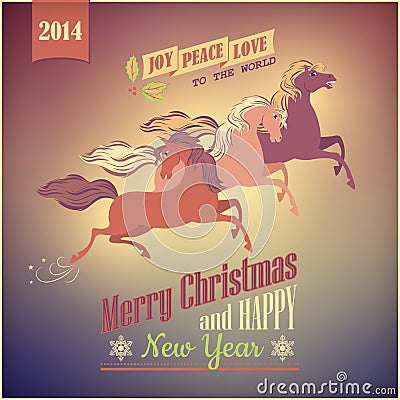 Vintage Galloping Horse Vector Christmas 2014 Card Vector Illustration