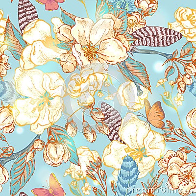 Vintage garden spring seamless pattern Vector Illustration