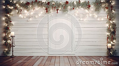 a vintage garland elegantly laid out on a white wooden table, surrounded by antique Christmas decorations, with ample Stock Photo