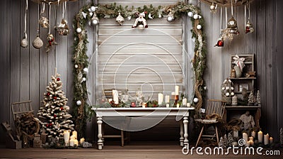 a vintage garland elegantly laid out on a white wooden table, surrounded by antique Christmas decorations, with ample Stock Photo