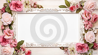 a vintage garland elegantly laid out on a white wooden table, surrounded by antique Christmas decorations, with ample Stock Photo