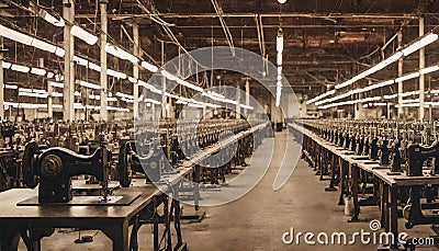 Vintage garment factory interior with rows of industrial sewing Stock Photo