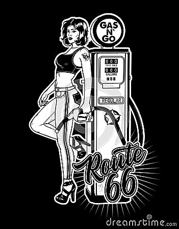 Vintage Gas Pump Pin-Up Girl. Pin-Up Girl on Gas Station. Vector Illustration