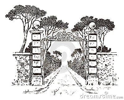 Vintage gates. Victorian doors or an ancient arch. Entrance to the garden or the park in the background of trees Vector Illustration