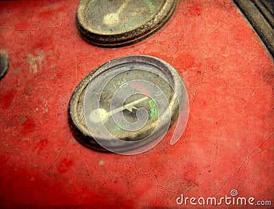 Vintage gauges on the dashboard of an old tractor. Control and measurement concept image Stock Photo