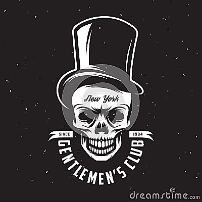 Vintage gentleman club emblem with skull in tall hat. Vector illustration. Vector Illustration