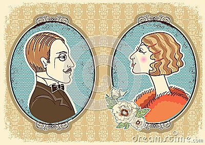 Vintage gentleman and woman face portraits. Stock Photo