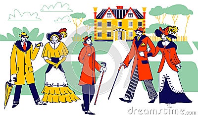 Vintage Gentlemen Wearing Hats and Walking Cane and Ladies Characters in Beautiful Dresses Walk on Antique Palace Vector Illustration