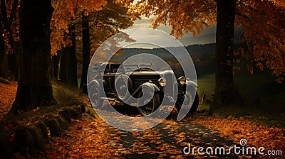 Vintage german car on the road in autumn forest. Retro second world war period Stock Photo