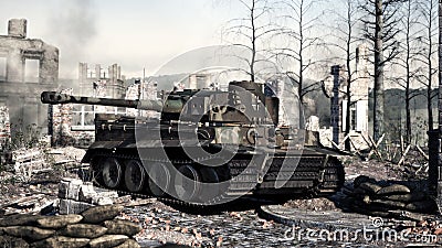 Vintage German World War 2 armored Panzer heavy combat tank poised on the battlefield . WWII Stock Photo