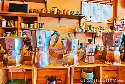 Vintage geyser coffee makers in coffee shop, on May 8 in Lamphun, Thailand Editorial Stock Photo