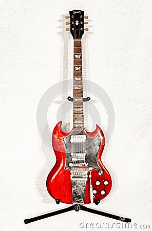 Vintage 1966 Gibson SG standard solid guitar in heritage cherry red color with black batwing pick guard made in original factory Editorial Stock Photo
