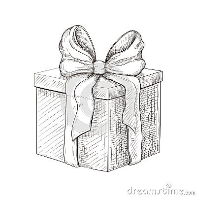 vintage gift box hand drawn. engraved present illustration isolated on white background. present box icon with lush bow and ribbon Cartoon Illustration